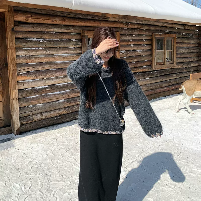 新款2025百搭毛衣女装秋冬新款小香风设计感纯色圆领保暖针织衫女