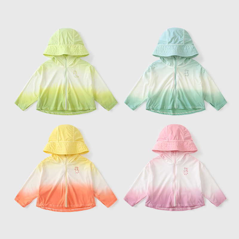 Children's summer gradient color sun protection clothing, UV protection long-sleeved hooded jacket, baby's lightweight and breathable sun protection top