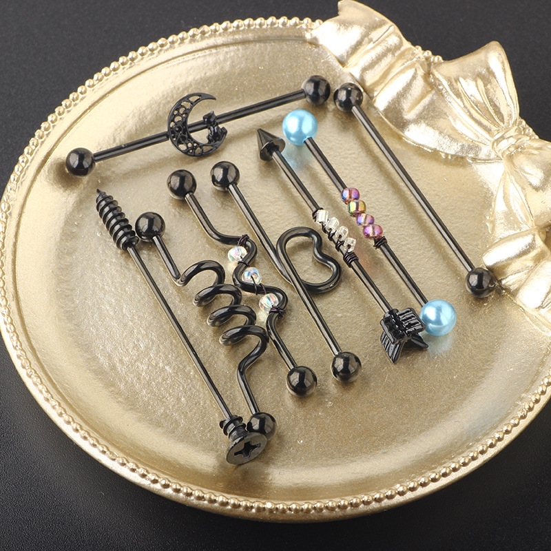 Black Suit Industrial Barbell Earrings Double Ear Piercing Bridge Ear Studs Ear Bone Ring Barbell Set - 316L Surgical Steel detail image 8