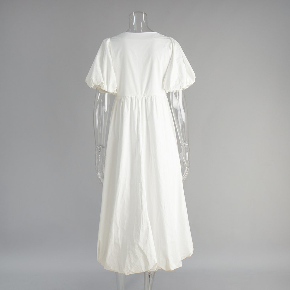 Đầm liền nữ cổ tròn tay phồng cotton dáng rộng màu trơn — Màu trắng chi tiết 7
