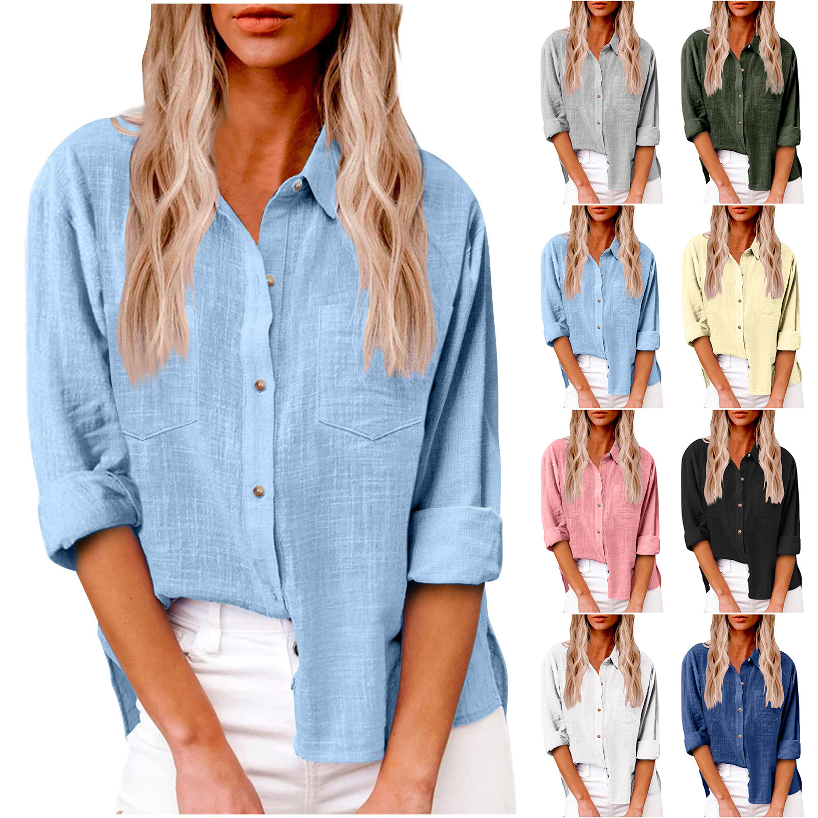 2024亚马逊 速卖通爆款春季双口袋 开叉 长袖女装 棉麻衬衣