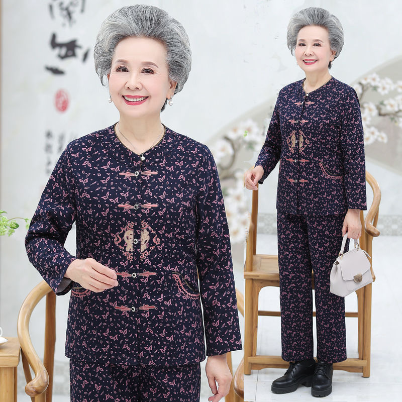 岁妈妈装休闲两件套老年人衬衫女奶奶秋装长袖套装薄外套