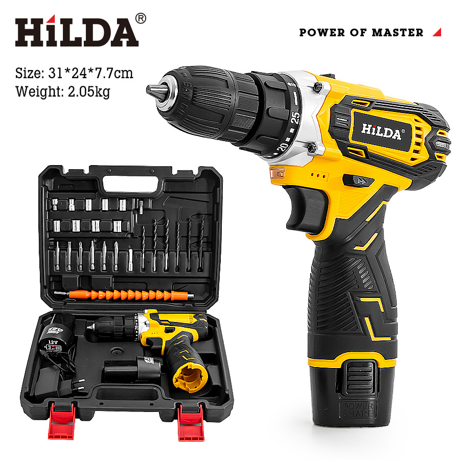 Nueva Hilda hilda recargable taladro de impacto batería de litio taladro manual destornillador eléctrico portátil doméstico accesorios