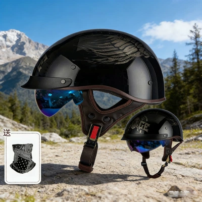 Motosiklet kaskı (dəbilqə) – Retro Cruiser Half Helmets - 13-015-gloss-black-silver-skull-with-face-mask-with-white-mirror-m