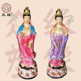 极彩日月菩萨木质雕像图片 工厂批发古彩东方三圣 药师佛玻璃钢像