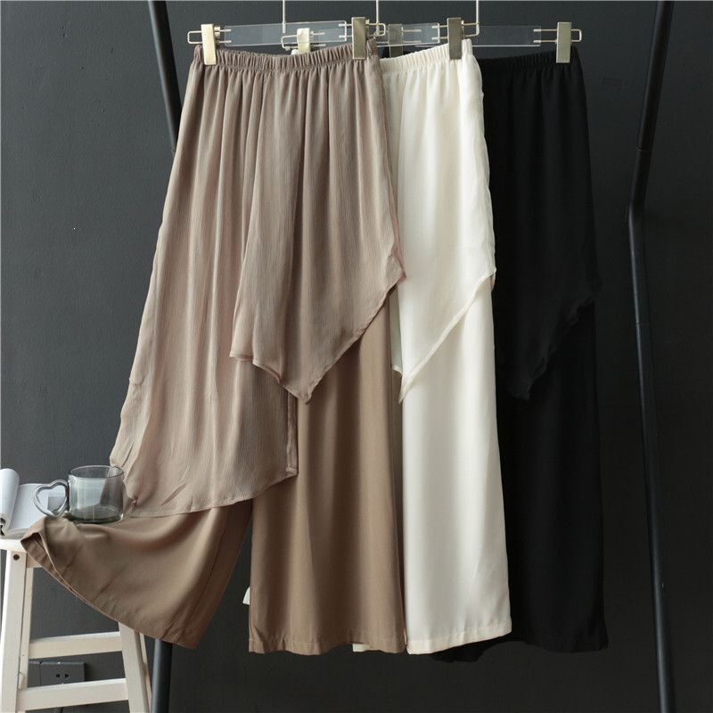 Spliced Chiffon Wide-Leg Pants for Women, New Style, Loose High-Waisted, Irregular Flowy Dance Pants, Faux Two-Piece Design Skirt Pants