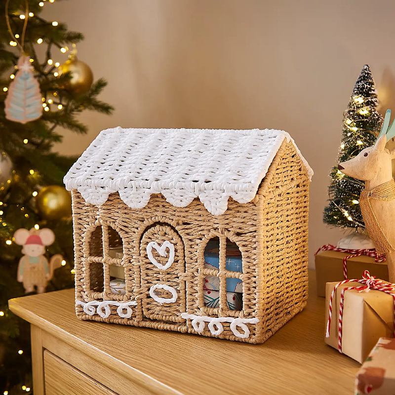 Cestas de juguetes de niños de tela de cuerda de papel casera Navidad vestir pan de jengibre cabaña canasta de almacenamiento props de fotografía