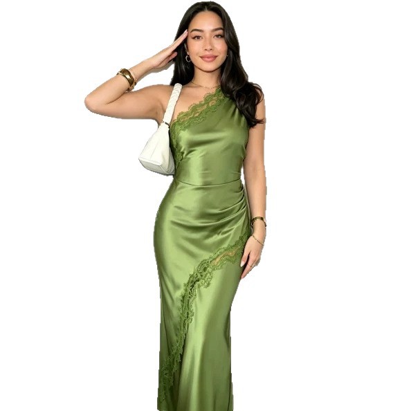 French Retro Satin One Shoulder Dress Slit Design Slim Fit Evening Gown Vintage Formal Party Dress For Women_ecoleips.com