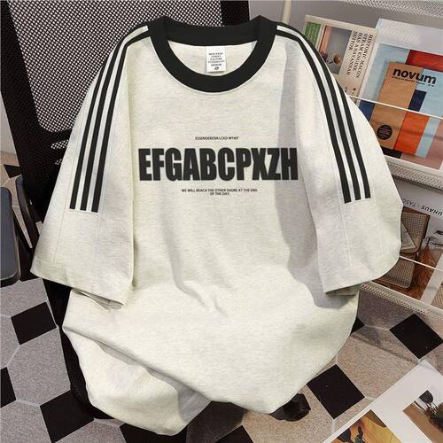 Special American Retro Three-Bar Short-Sleeve T-Shirt for Men and Women, Trendy Brand Letter Print Loose Half-Shirt