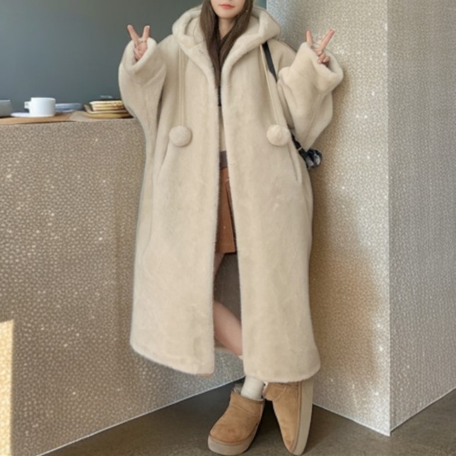 가을과 겨울 두건이 두꺼운 마녀 긴 코트 밍크 봉제 모조 모피 코트 환경 보호 올매치