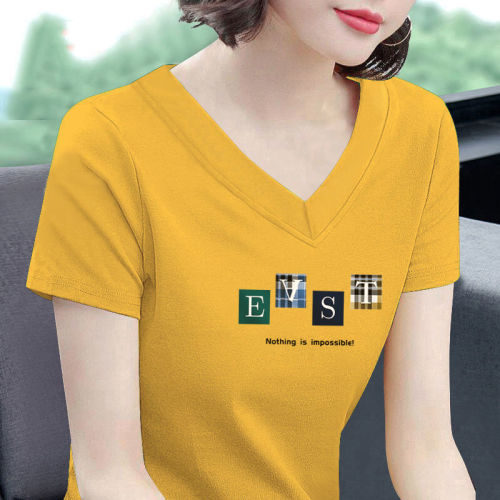 Wholesale Mom White T-Shirt for Women Short Sleeve Loose V-Neck 2025 Summer Top with Chicken Collar Thin T-Shirt