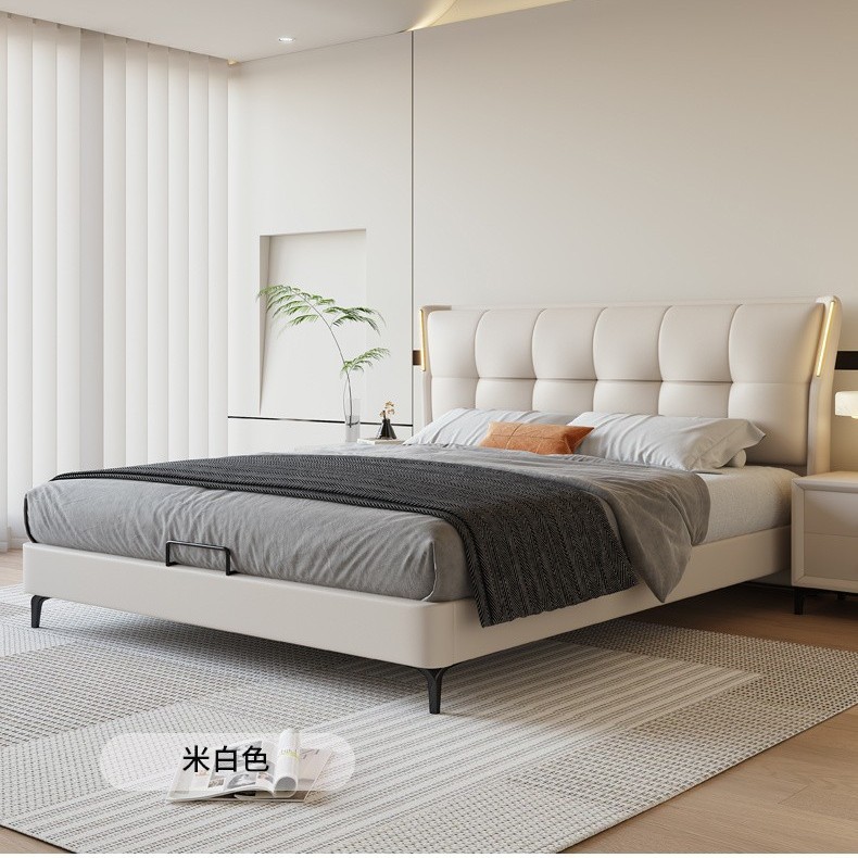 Cama de cuero auténtico, lujo ligero, 1.8 camas dobles, cama principal moderna, aproximadamente 1.5 camas.