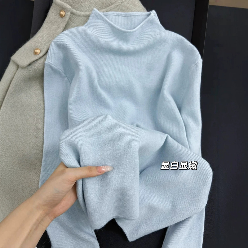 Sea salt blue, soft and comfortable, chic half-turtleneck knit sweater for women, perfect for layering in autumn and winter, with a small stand-up collar, creating an elegant inner layer