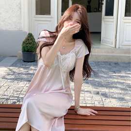 夏季宽松甜美少女睡裙25年新款全棉家居服女带胸垫过膝盖服装现货