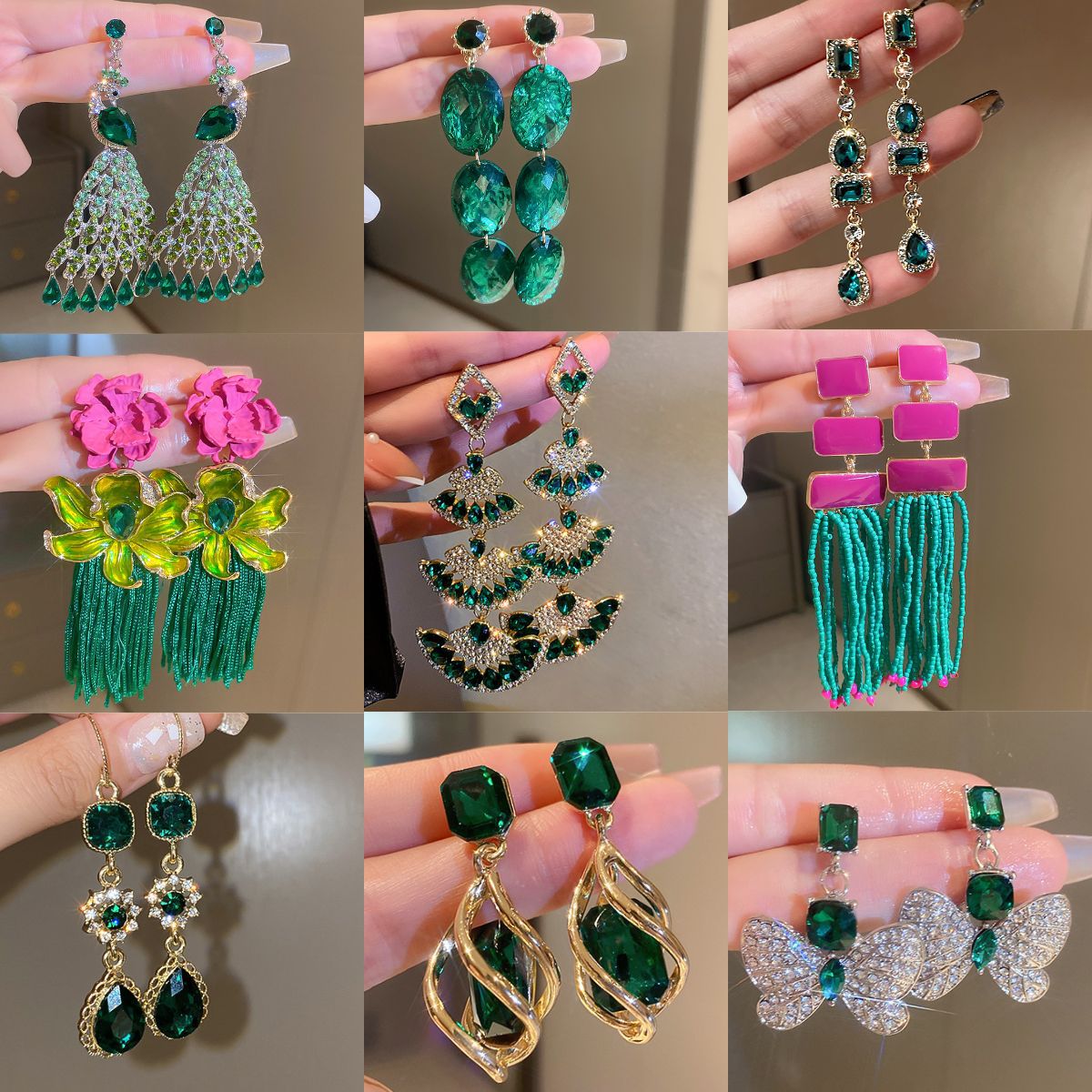 Silver Needle Green Diamond Geometric Earrings Accessible Luxury High-End Earrings Palace Style Earrings Design Niche