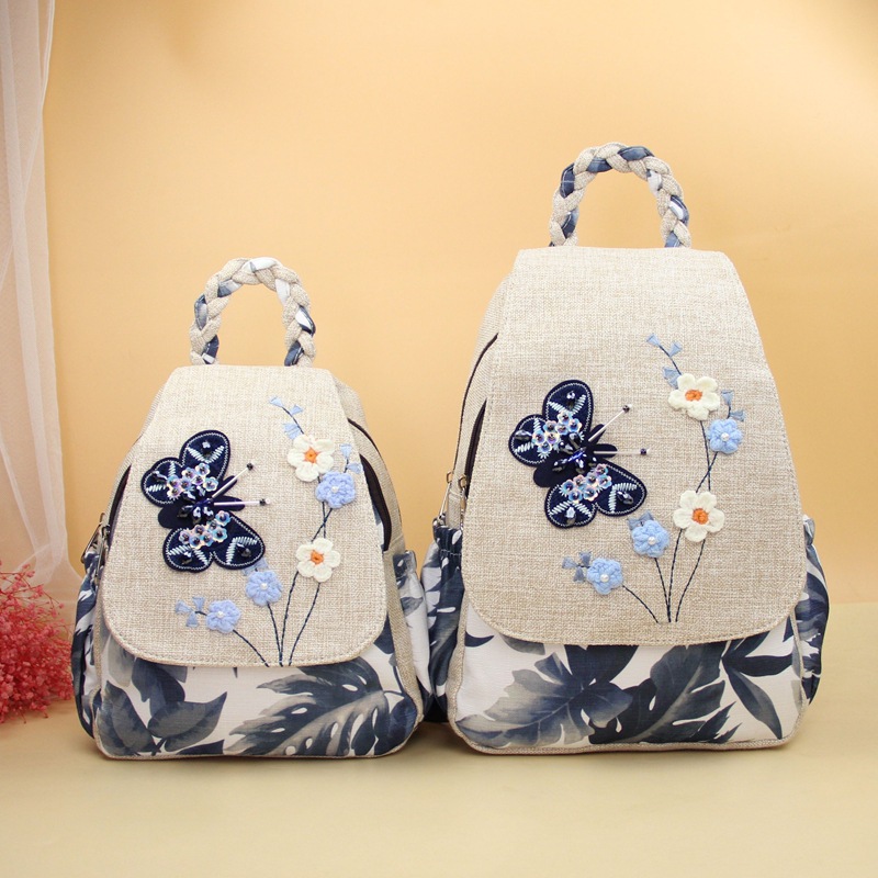 새로운 중국 스타일 스팽글 나비 배낭 입체 꽃 배낭 더블 지퍼 캐주얼 다목적 복고풍 가방 2956
