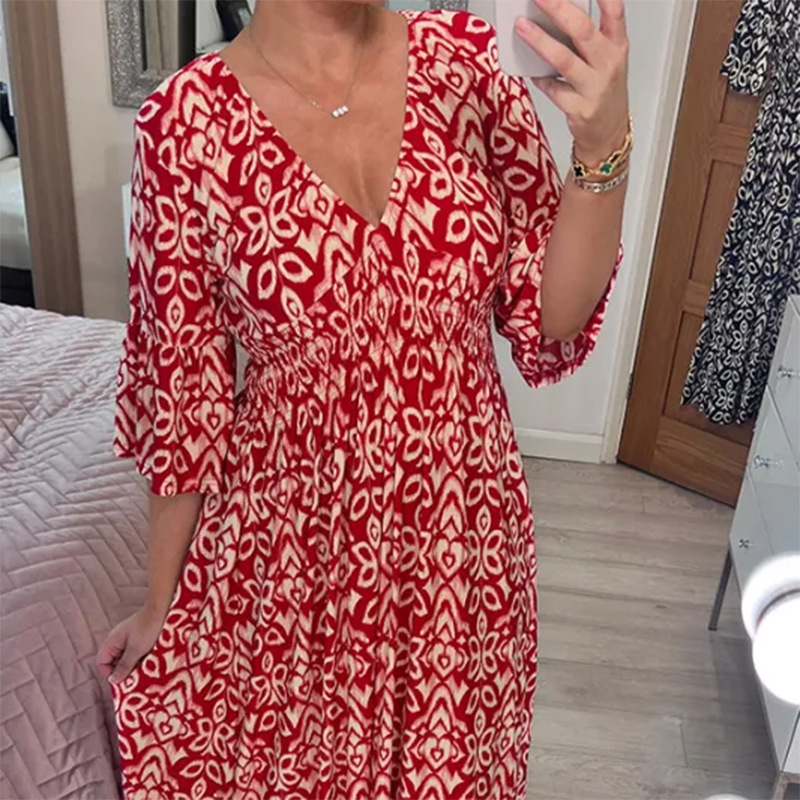 Women's Regular Dress Casual V Neck Printing 3/4 Length Sleeve Printing Maxi Long Dress Daily Street display picture 1