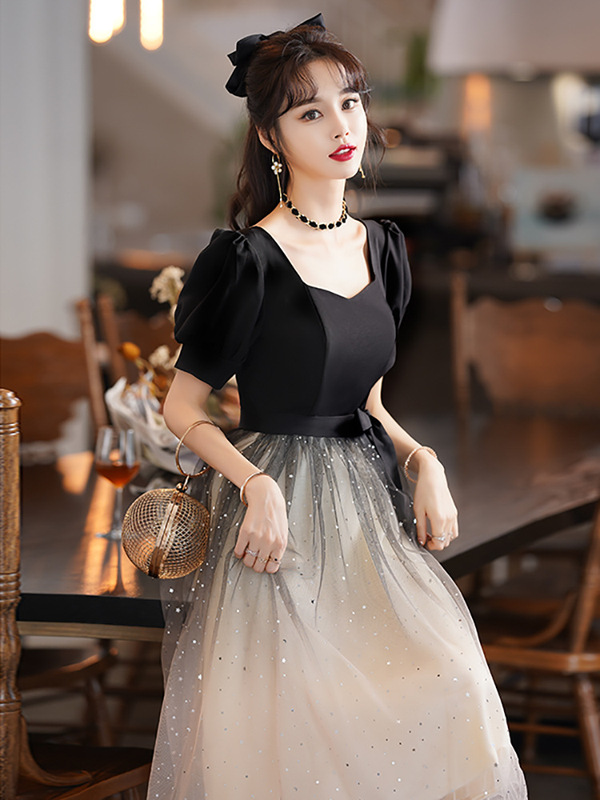 French Style Small Evening Dress Dress Women's Large Size Chubby Girl's Autumn Slim Belly Covering Elegant Banquet Bridesmaid Dress for Women Can Wear at Normal Days