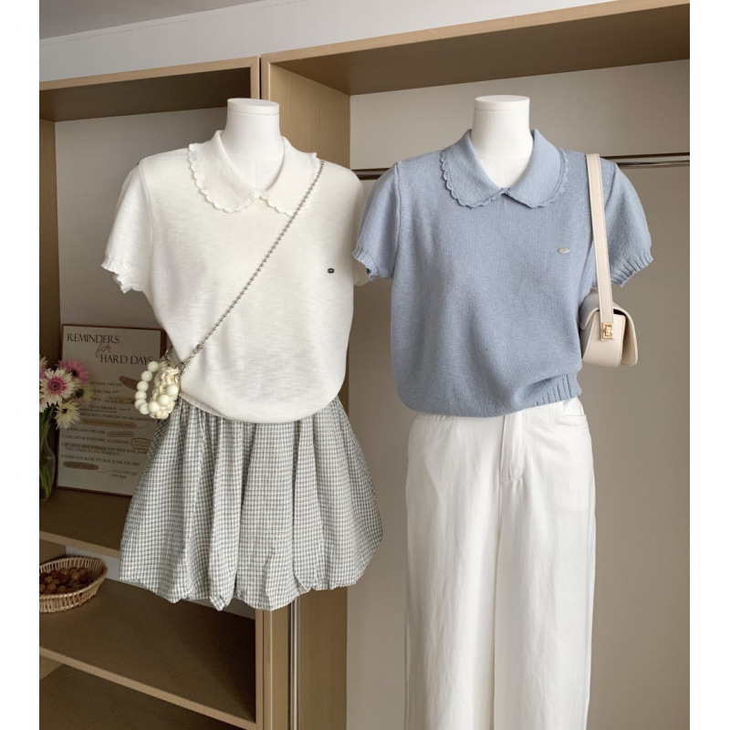 Small Fresh Korean Style Doll Collar Short-Sleeved Shirt for Women Summer New Sweet Age-Reducing Elegant Knitted Sweater Top