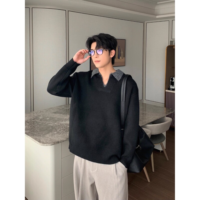 Winter Thickeneded Gray Knitwear Men's Polo Collar Knitwear Men's Korean Style Casual Alpaca Wool Top