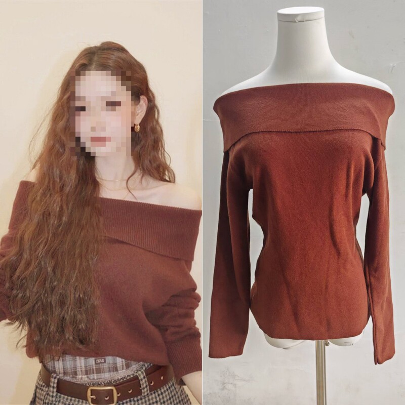 Long-Term In-Stock Song Ji-Ah Celebrity Style Coffee-Colored Off-Shoulder Knit Sweater for Women 2026 Spring Spicy Girl Sweater Long-Term In-Stock Song Ji-Ah Celebrity Style Coffee-Colored Off-Shoulder Knit Sweater for Women 2026 Spring Spicy Girl Sweater