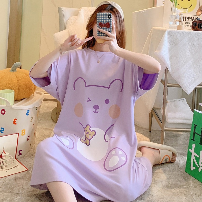 新品短袖纯棉睡裙夏季中长款大码宽松孕妇睡衣女休闲可外穿家居服|ms