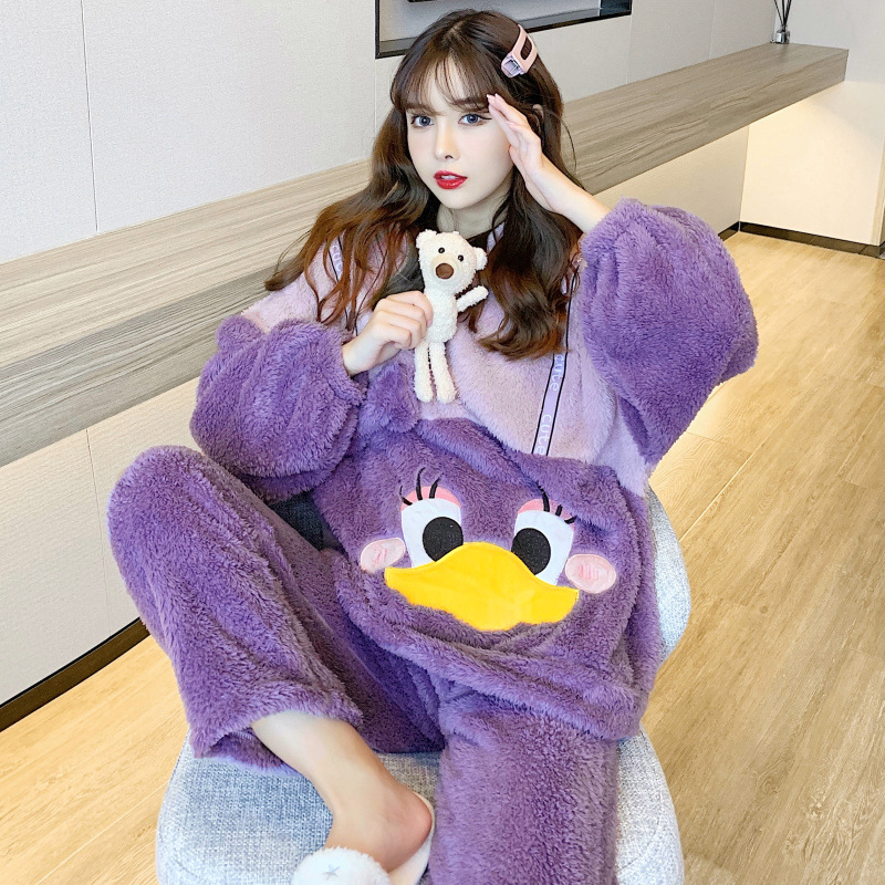Dibujos animados pato donald otoño e invierno coral fleece pijamas de manga larga engrosada de las mujeres de dibujos animados lindo felpa ropa de casa traje