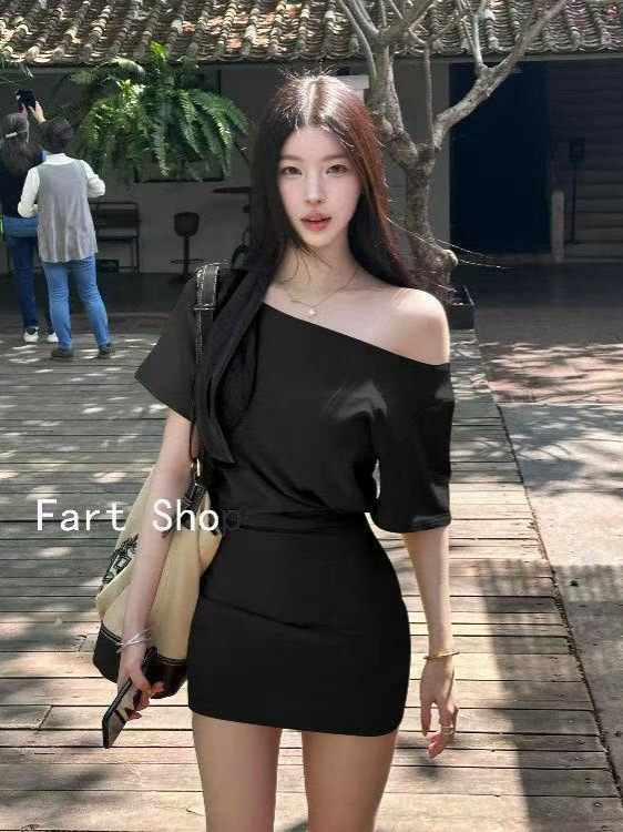 小个子收腰灰色斜肩包臀裙子女夏季新款纯欲辣妹风露肩连衣裙|undefined