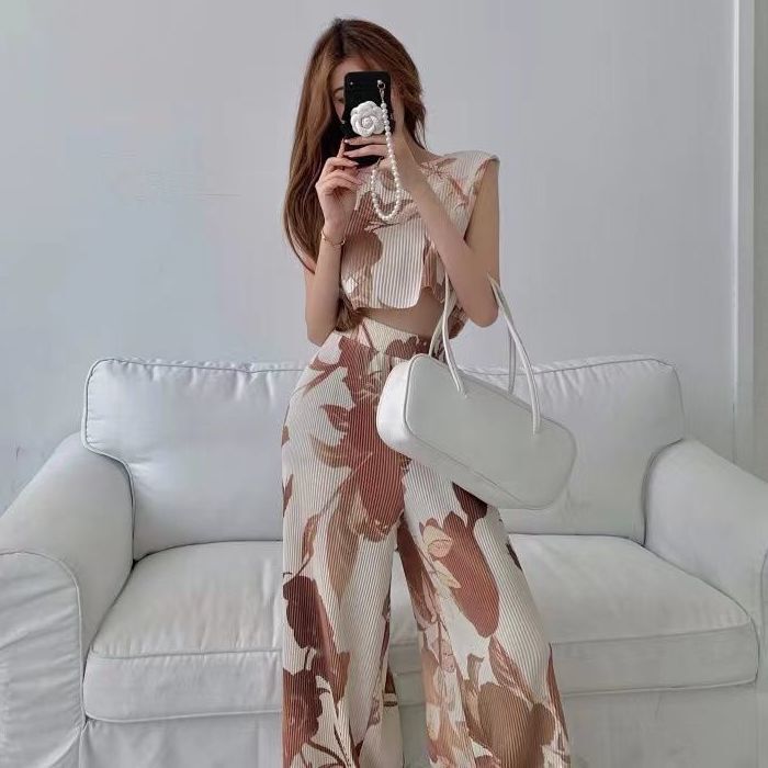 Summer new printed suit women's short sleeveless vest T-shirt + high waist wide leg pants mop long pants two fashionable