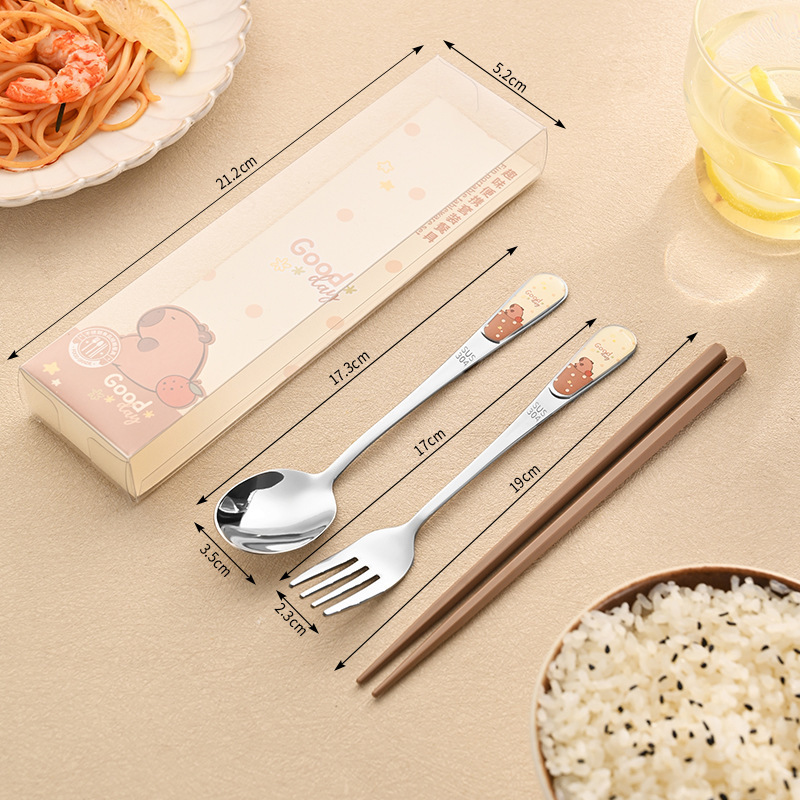 304ステンレス製携帯食器セット漫画柄子供用食器学生専用スプーンフォーク箸3点セット|undefined