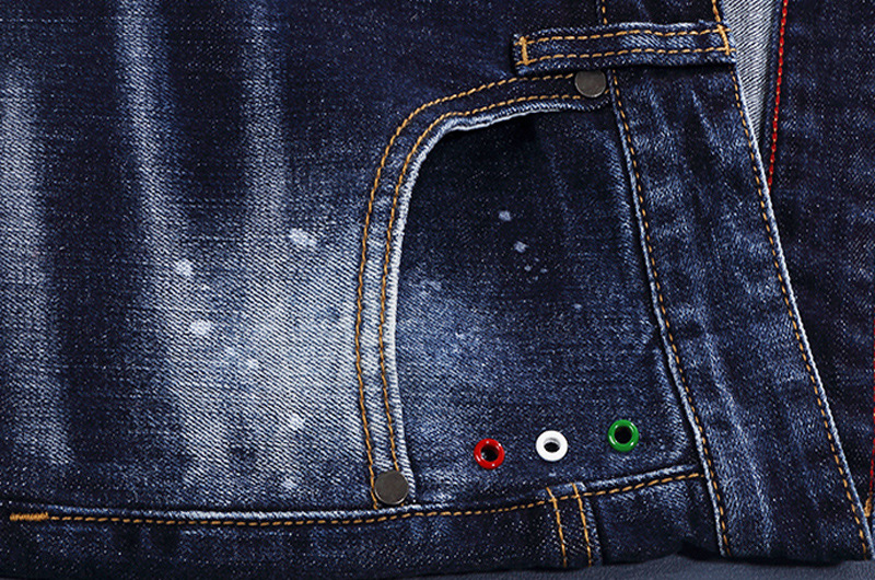 Men's Retro Blue Washed Jeans With Paint Splatter Effect Slim Fit Stretch Skinny Denim Pants Functional Design_viptrois.com