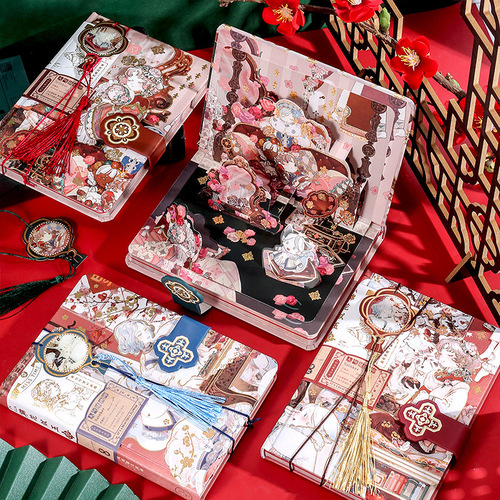 A 10-Flower Brocade Jade-like National Style Magnetic Closure Notebook with 3D Retro Color Pages, Notebook for Girls' Hearts, Diary Book