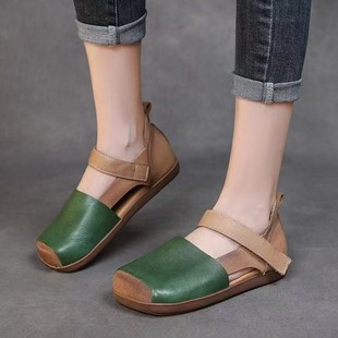 Retro Color-Blocked Sandals for Women 2025 Spring and Summer New Square Toe Hollow Versatile Velcro Flats Mom Sandals