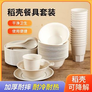 Free Shipping Disposable Bowl Plate Cup Spoon Rice Shell Tableware Degradable High Temperature Thickening Household Hotel Commercial Wholesale