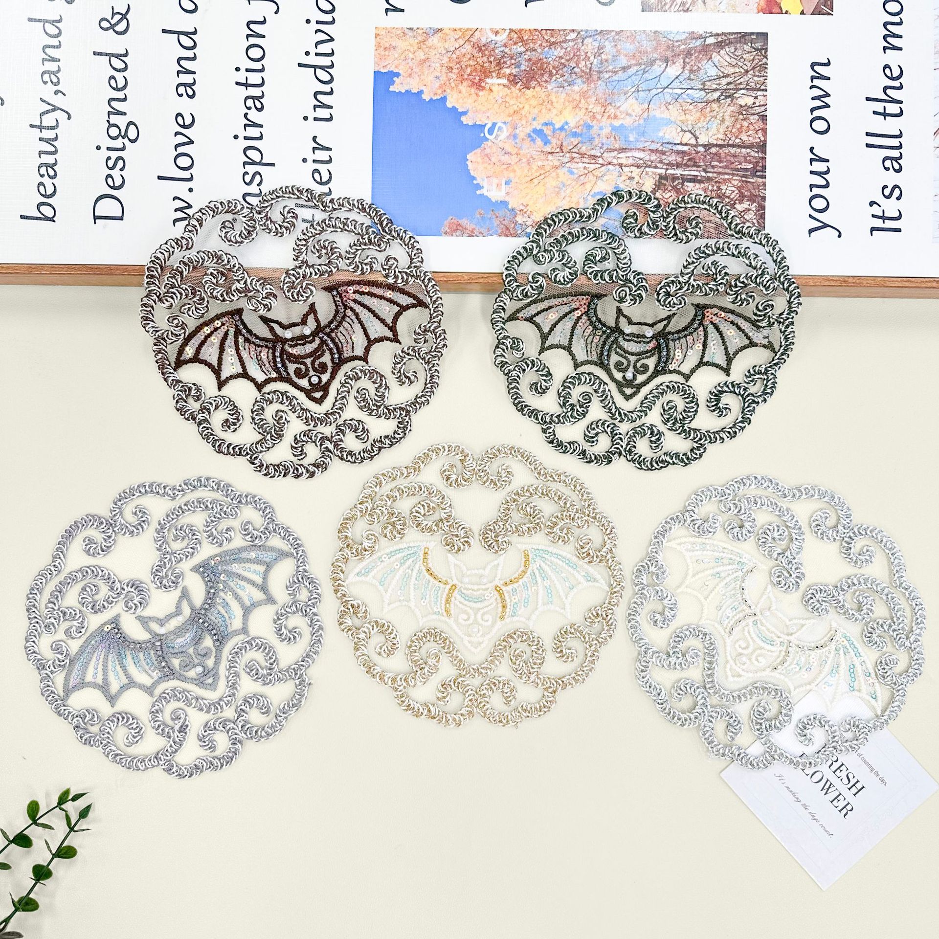 gótico murciélago luna bordado encaje parche DIY decoración de ropa bordado a mano accesorios de encaje al por mayor