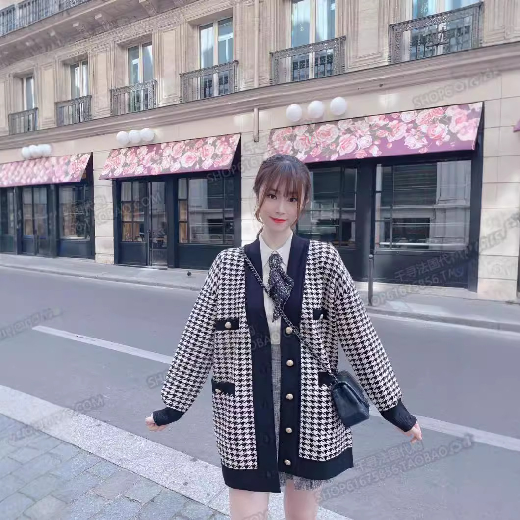 法单S家2020秋冬新款学院风宽松千鸟格淑女外套针织开衫女潮