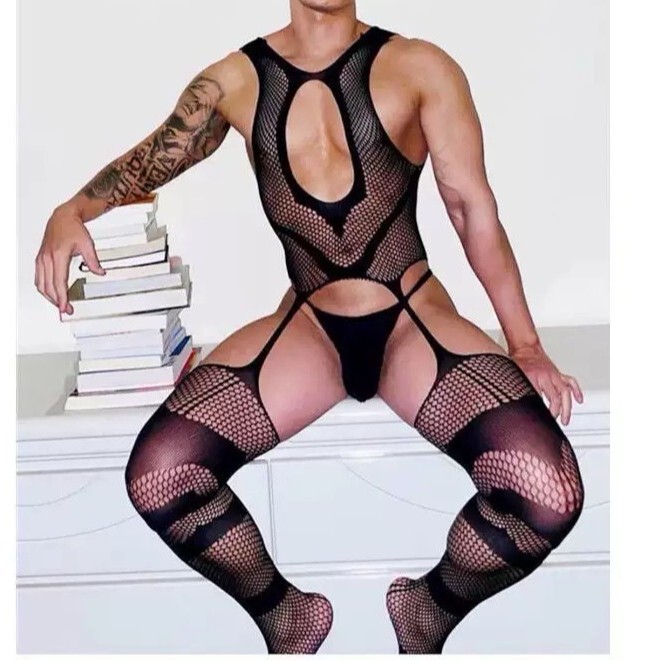 Men's sexy one-piece fishnet stockings, gay lingerie, garter stockings with front and back openings, easy to remove, one-piece stockings
