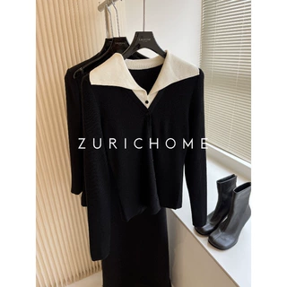 ZURICH HOME 优雅大气 气质翻领 黑白假两件撞色翻领长袖针织衫
