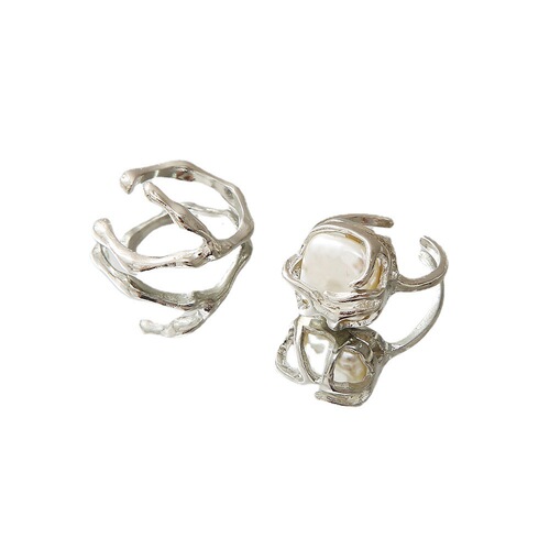 New fashionable irregular metal freshwater pearl open ring for women ins style cool and light ring texture