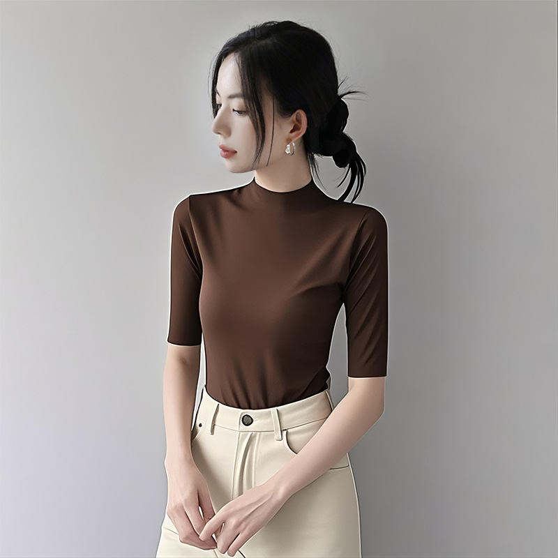 春秋2025新款咖色半高领中袖T恤女五分袖内搭外穿打底针织上衣服