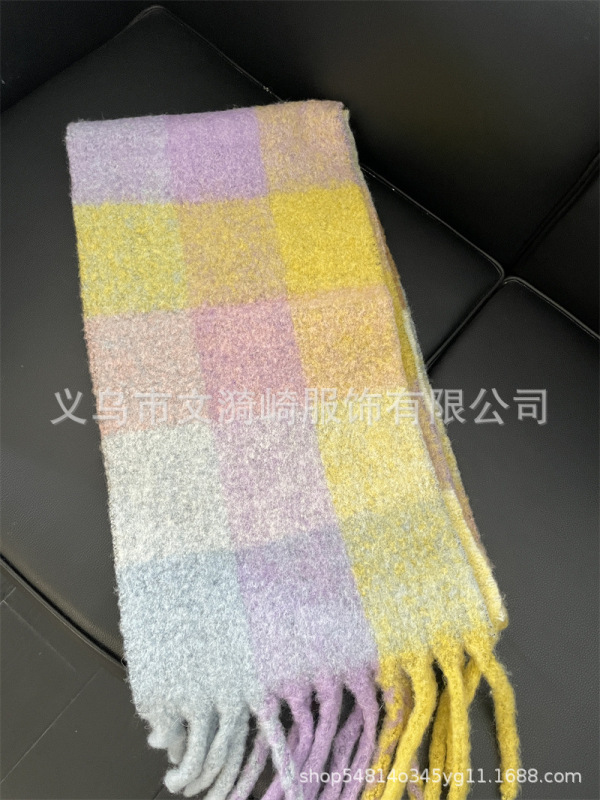 acウールレインボーチェック柄スカーフ女性用冬カラフルチェック柄フリンジモヘアスカーフアルパカウールスカーフライブ配信|undefined
