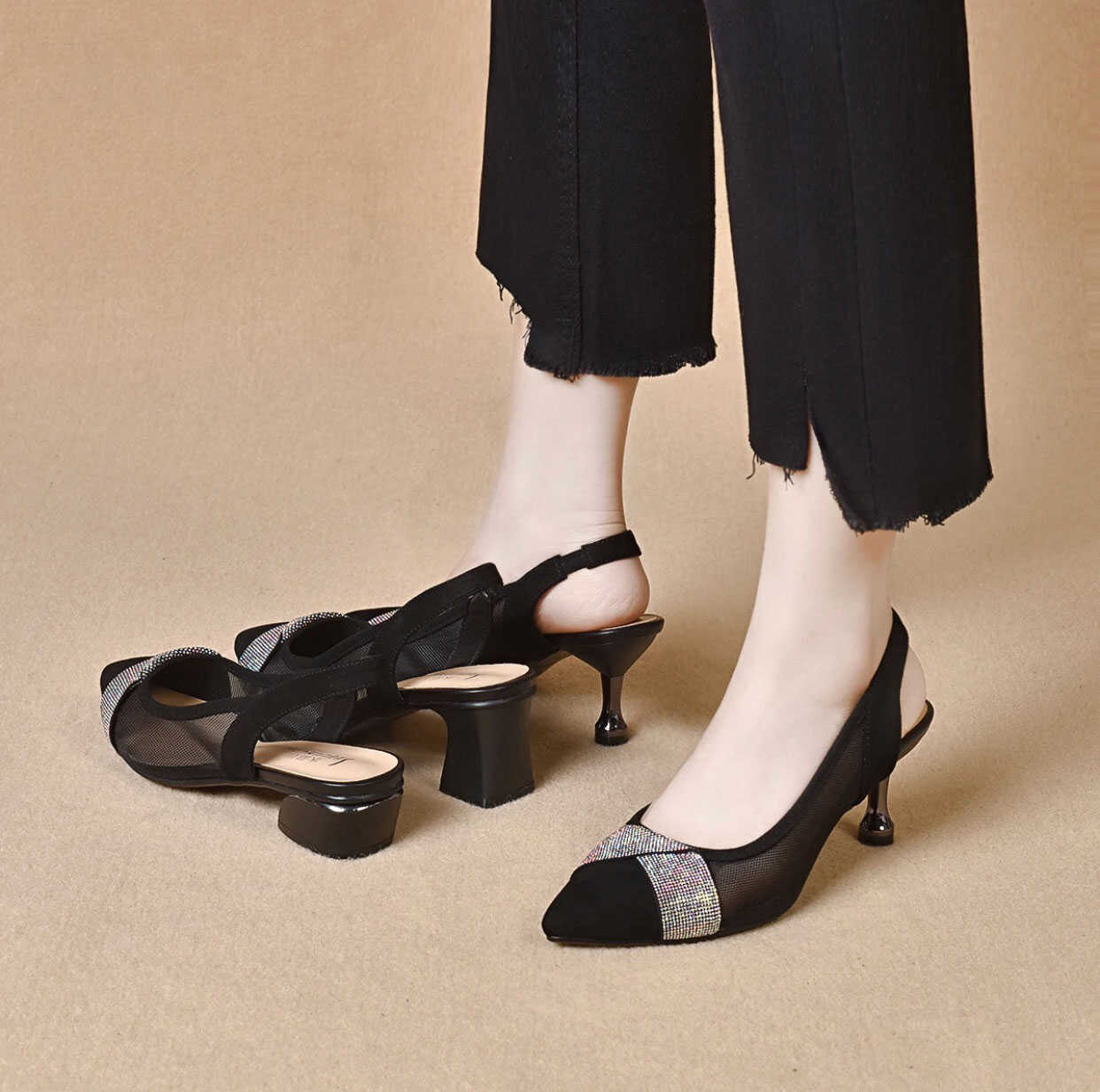Giày cao gót nữ mũi nhọn da thật phối lưới đính đá, gót 5 cm — Gót dày màu đen-5 cm chi tiết 5