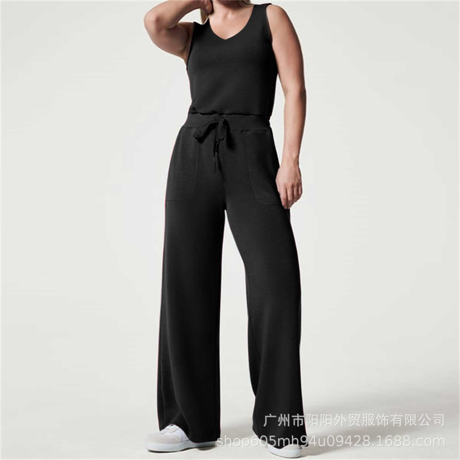2023 primavera y verano nuevo versátil moda europea y americana adelgazamiento ocasional de las mujeres sin mangas color sólido V-cuello pantalones jumpsuit