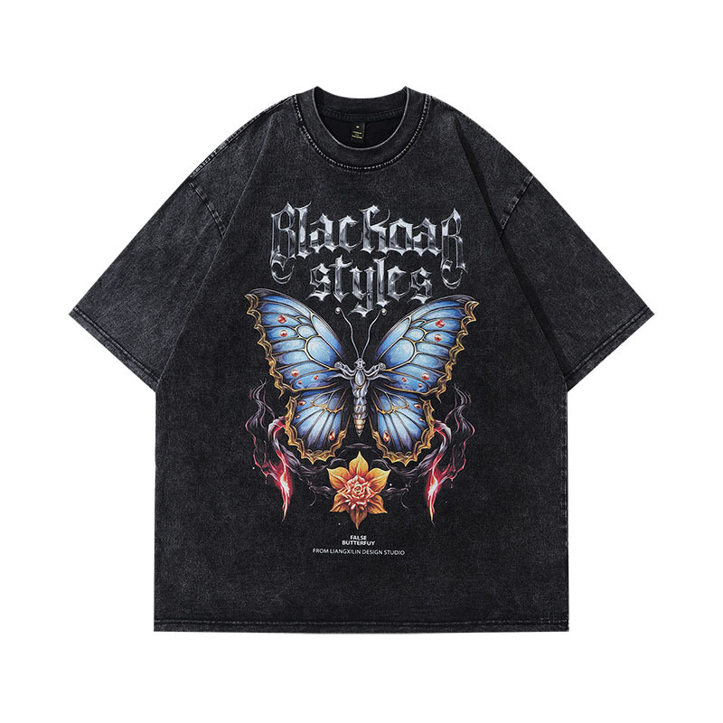 TKPA Men's Hip-Hop Streetwear Butterfly Print V-Neck Distressed Short-Sleeve T-Shirt for Men and Women High Street Washed Half-Sleeve Tee