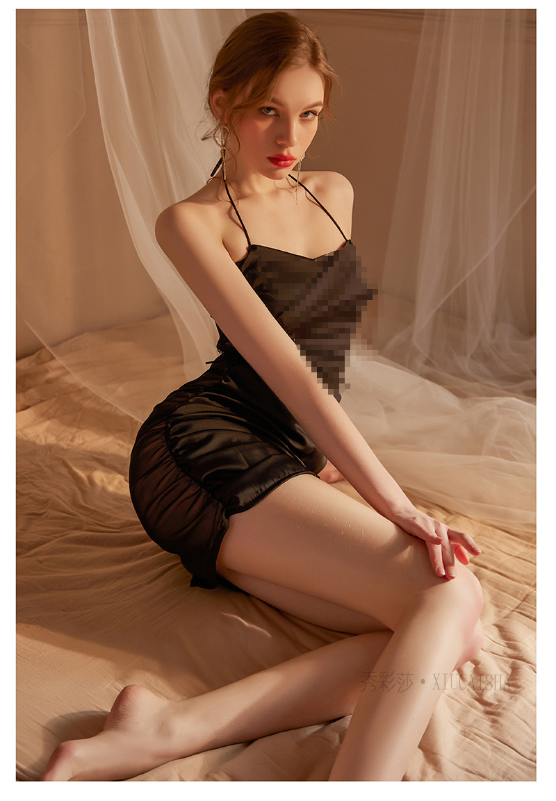 Women’s Hollow-Out See-Through Babydoll Dress, Short Black Polyester Sleepwear, One-Size — detail image 18