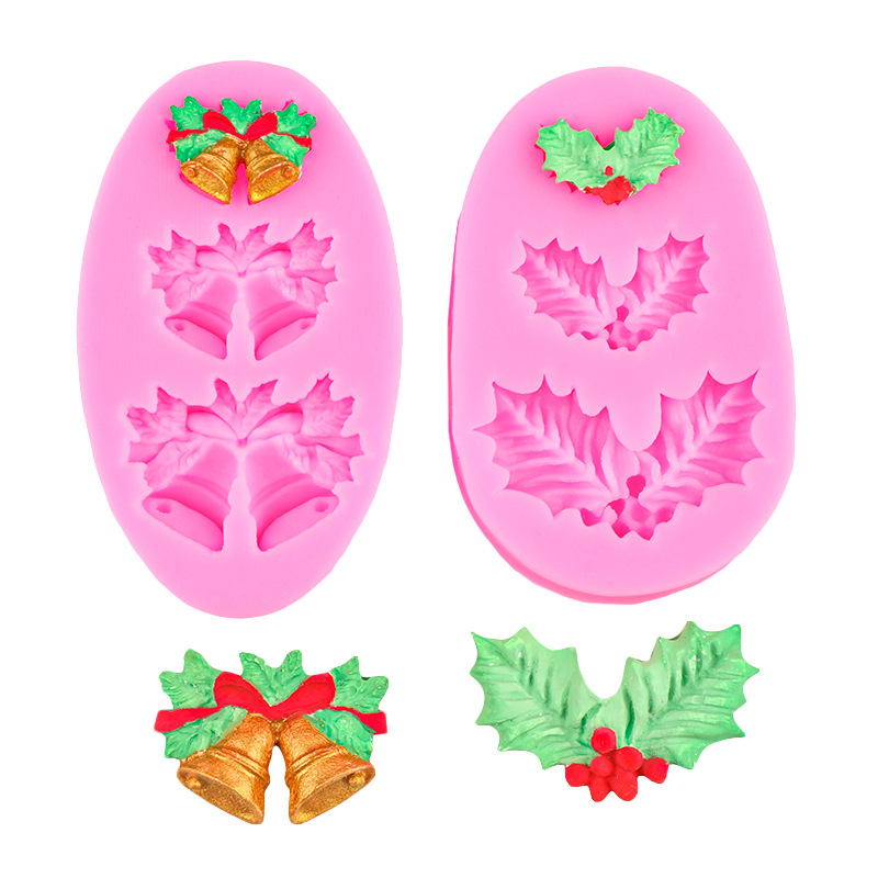 Decoración de hoja de acebo de Navidad Diy decoración de pastel de fondant molde de silicona campana de yeso molde de horneado de chocolate