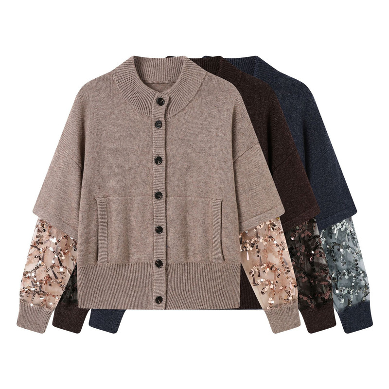 Nanyou Haute Couture Retro Casual Knitted Sweater Hand-Embroidered Sequin Patchwork Sleeves Autumn and Winter Slim Long-Sleeved Cardigan