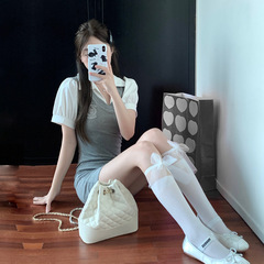 Summer and Autumn Thin Beaded Bowknot Ballet Flat Knee-High Socks for Girls, Japanese Lolita Style, Versatile JK Style, Layered Socks