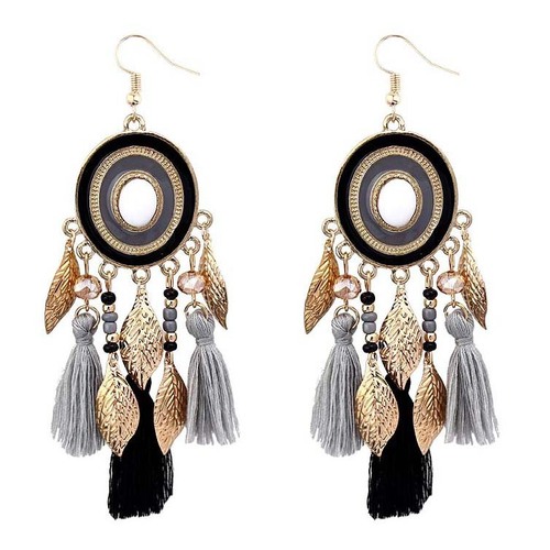 Ethnic style earrings, long tassels, Yunnan style, versatile earrings, Chinese style golden leaf ear hooks wholesale
