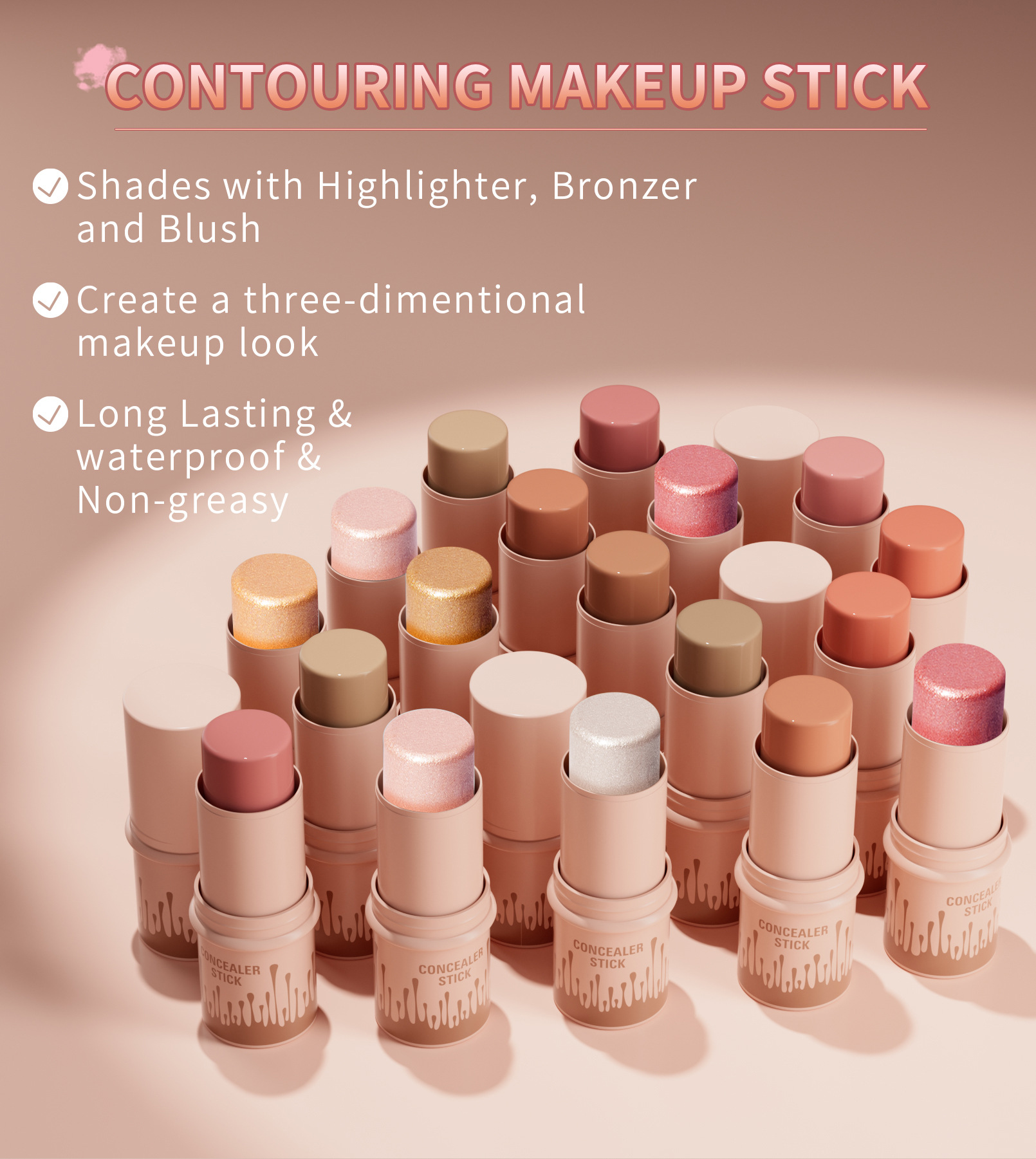 Hellokiss Multi-color Highlighter Blush Makeup Stick Bronzer Three-dimensional Natural Brightening Multi-functional Contouring stick Specification drawing